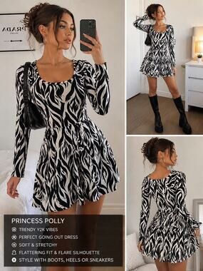 Princess Polly Zebra Print Long Sleeve Skater Dress Monochrome Mini Y2K Trendy